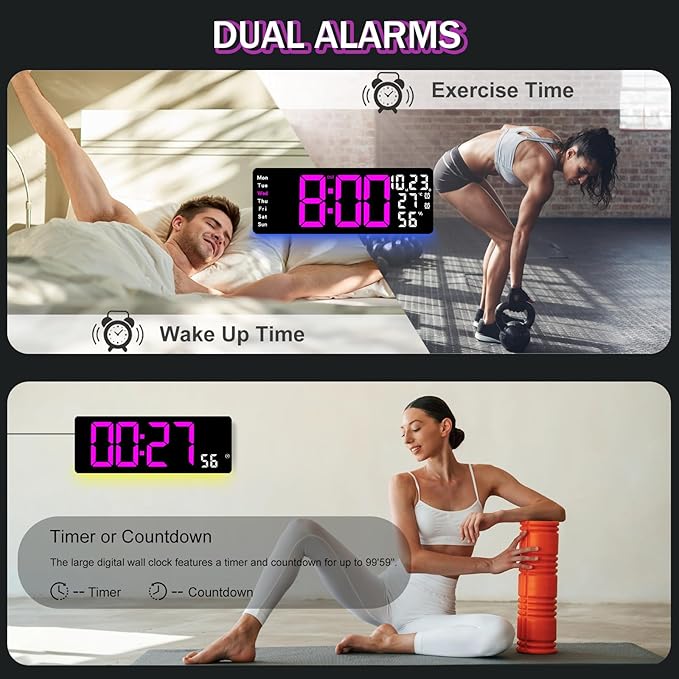 JoFomp 17.3" Large Digital Wall Clock, LED Digital Clock Large Display with Remote Control, Alarm Clock with Temp/DST/Dimmer/Humidity/Timer/Ambient Light - 12/24H, Alarm Wall Clock for Bedroom - Image 6