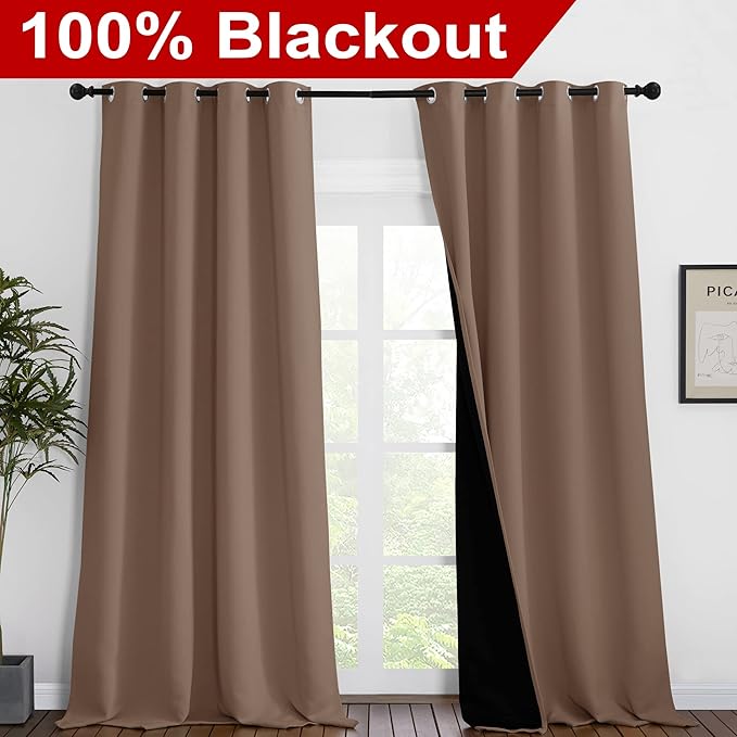 NICETOWN Extra Long Truly Blackout Drapes for Hall and Villa, 100% Blackout Window Curtain Panels with Black Lined for Night Shift Worker, 55-inch Width, 102-inch Length, Cappuccino, 2 Pieces - Image 2