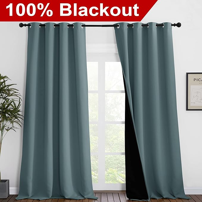 NICETOWN Full Shading Curtains 96 inches Long 2 Panels Set for Windows, Super Heavy-Duty Black Lined Blackout Curtains for Bedroom, Privacy Assured Window Treatment (Greyish Blue, 55 inches W) - Image 2