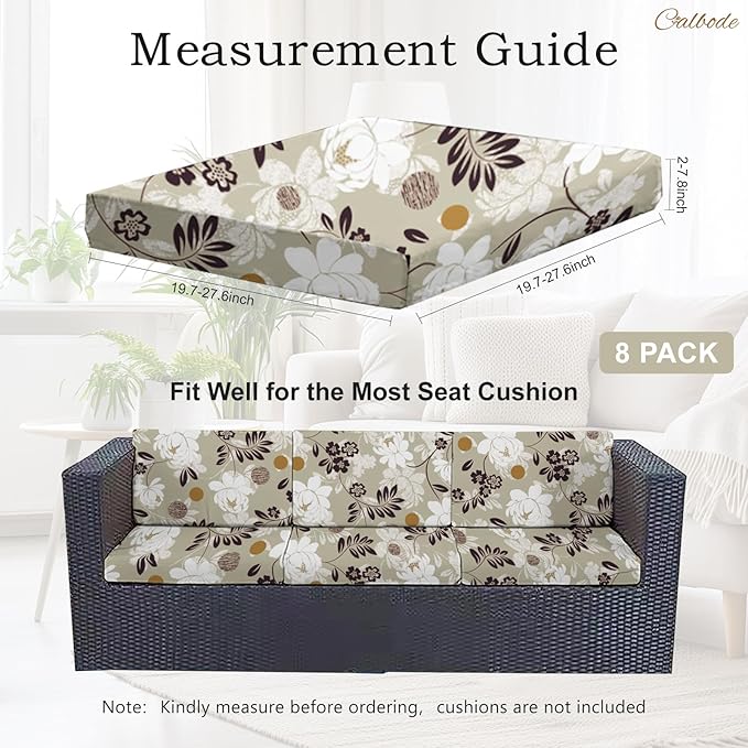 8 Pcs Waterproof Patio Cushion Covers, Floral Printed Stretch Outdoor Sofa Cover for Patio Furniture, Washable Chair Covers Reusable Furniture Protector for Fall Decor (Brown, Cover Only) - Image 2