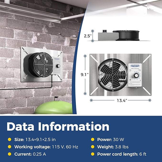 ALORAIR 260 CFM Stainless Steel Crawl Space Vent Fan - Air Out Crawlspace Ventilation Fan with Humidistat Dehumidistat, IP55 Exhaust with Isolation Mesh for Foundation Basements Garage Attic - Image 2