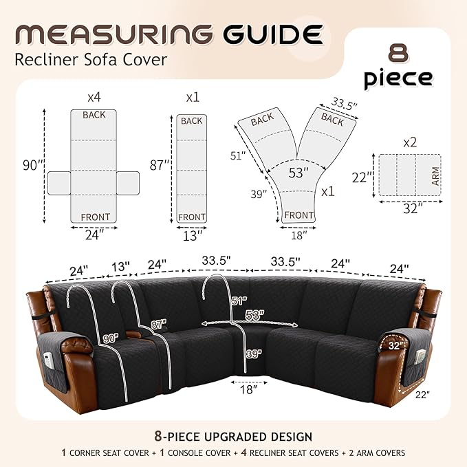 Arfntevss Waterproof Recliner Sectional Couch Covers for Reclining L Shape Sofa Cover Non Slip Washable L Shaped Slipcover Sets for Dog Furniture Protector (5 Seat with 1 Console Cover, Inky Black) - Image 5