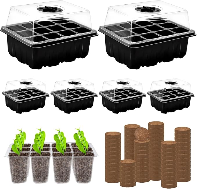 ZeeDix 6 Set Seed Starter Tray Kits, 6 Pack Seed Trays with 90 Pack Coco Coir Pellets, Adjustable Humidity Germination Tray with Dome Lids for Indoor Plants, Mini Greenhouse for Vegetables Garden by ZeeDix