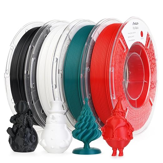AMOLEN PLA 3D Printing Filament Bundle 1.75mm, Black White Red Green 250g X 4 Spools Pack 3D Printier Filament, 1KG/2.2 lb in Total, Compatible with Most FDM Printer and 3D Pen by AMOLEN