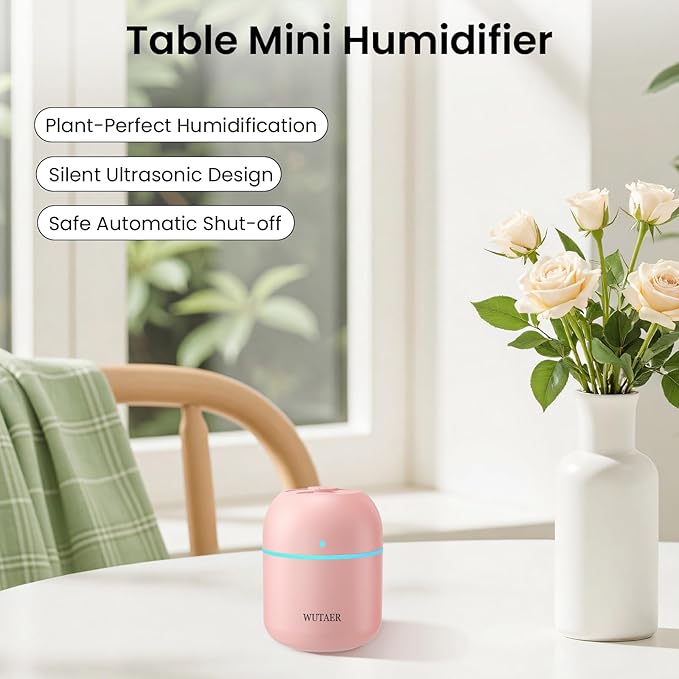 Portable Small Humidifier, WUTAER USB Personal Desktop Humidifier for Car, Office Room, Bedroom, Auto Shut-Off, 2 Mist Modes, Super Quiet(220ml, Pink) - Image 3