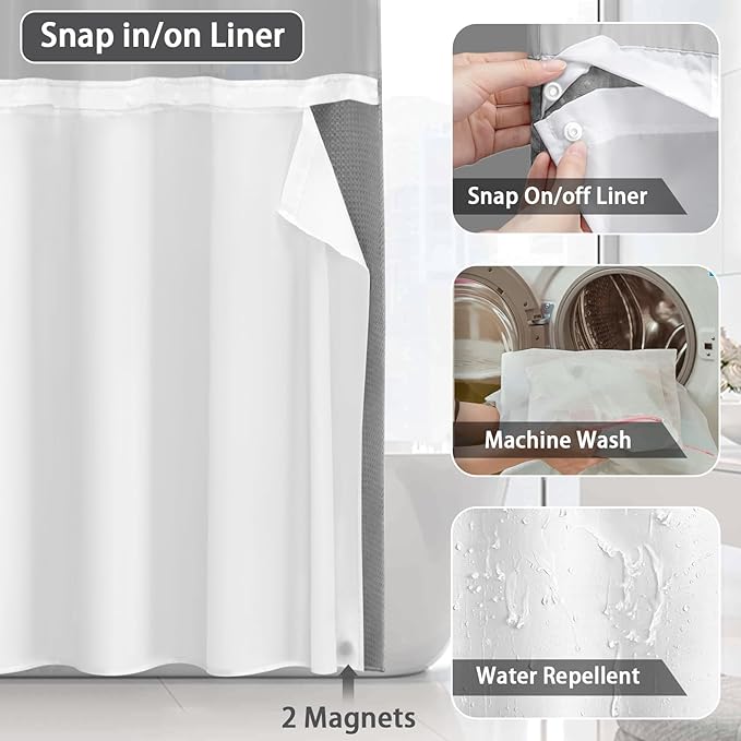 No Hook Shower Curtain and Liner Set,Grey Hotel Waffle Shower Curtain with Liner 75" L x 54" W - Image 4
