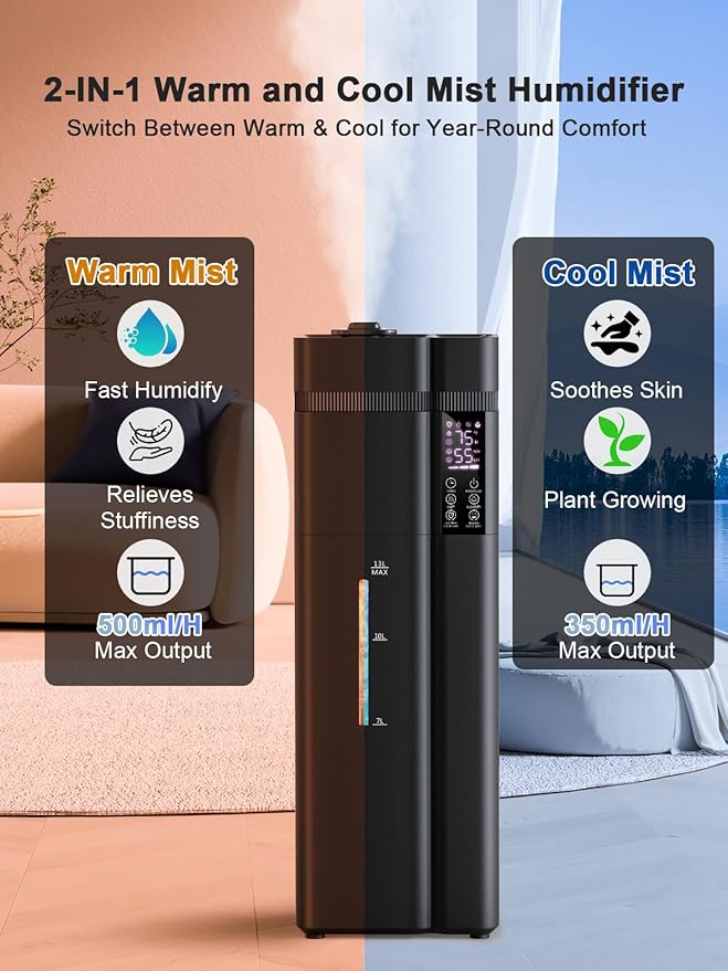 13L/3.4Gal Humidifiers for Bedroom, Ultrasonic Warm & Cool Mist Humidifier Large Room, Covers 800ft², 72H Runtime, 24H Timer, 3 Mist Modes Top Fill Quiet Humidifiers for Home, Office, Black - Image 2