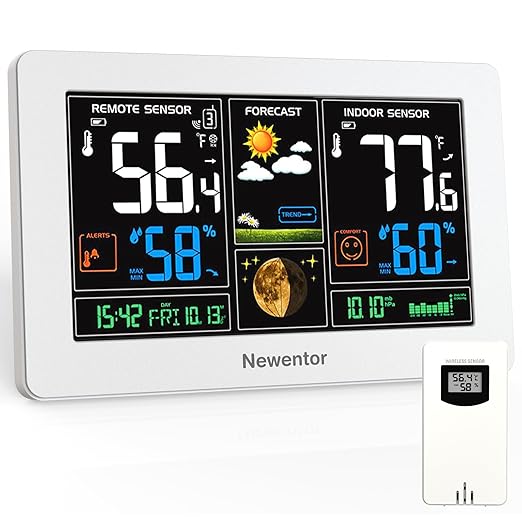 Newentor Weather Station Wireless Indoor Outdoor Thermometer, Color Display Digital Weather Thermometer with Atomic Clock, Barometric Pressure, Forecast Station with Adjustable Backlight, White by Newentor