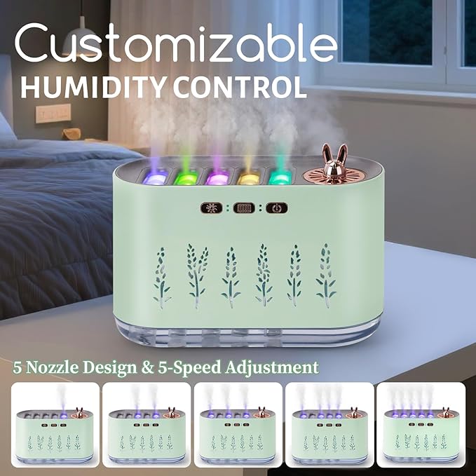 5 Nozzle Music Sync Humidifier Diffuser, RGB LED Light Show with 22 Colors & Voice Activated Mode, 700ml Cool Mist Aroma Essential Oil Diffuser for Home, Bedroom, Office, Yoga (White) (Green) - Image 2