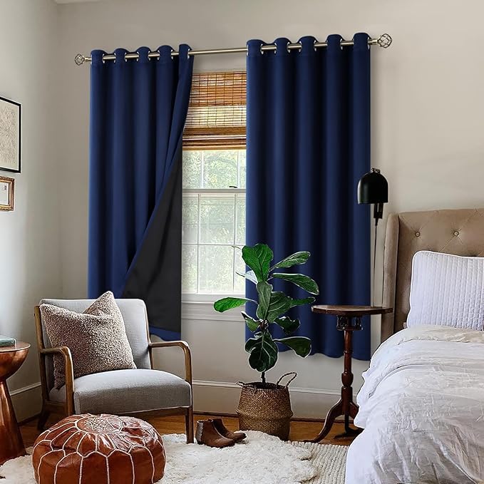 BGment Thermal Insulated 100% Blackout Curtains for Bedroom with Black Liner, Double Layer Full Room Darkening Noise Reducing Grommet Curtain (60 x 63 Inch, Navy Blue, 2 Panels) - Image 2