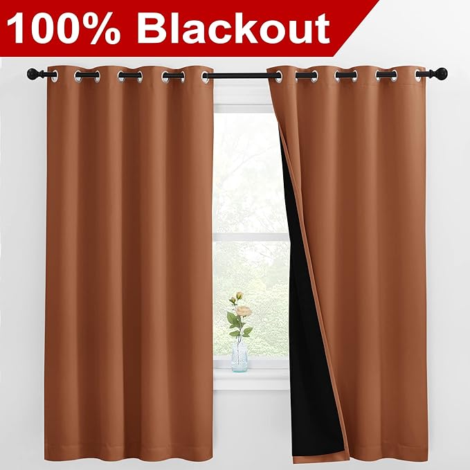 NICETOWN Burnt Orange 100% Blackout Lined Curtains, 2 Thick Layers Completely Blackout Window Treatment Thermal Insulated Drapes for Kitchen/Bedroom (1 Pair, 55-inch Width x 68-inch Length per Panel) - Image 2
