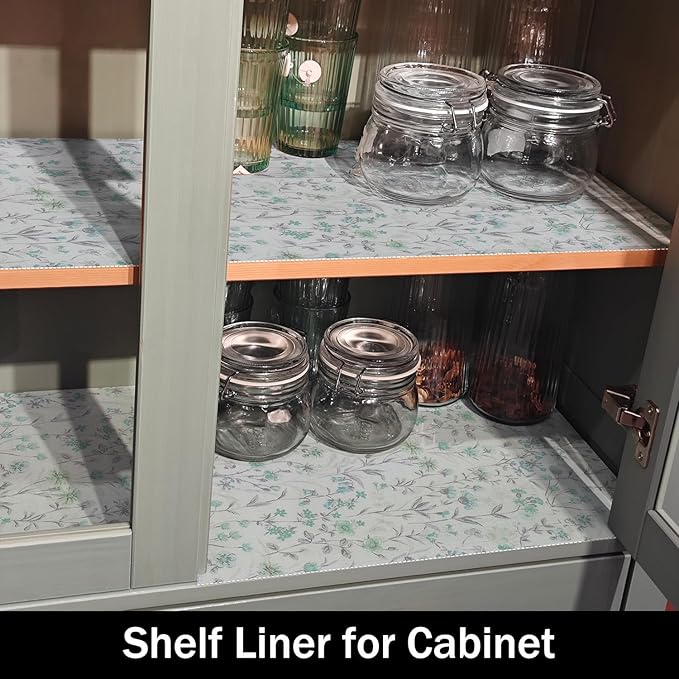Blue and Green Floral Shelf Liners Non Adhesive and Strong Non-Slip Shelf and Drawer Liners for Kitchen Cabinet Wire Fridge, Waterproof Shelf Drawer Liner,Easy to Clean,12IN x 10FT - Image 6