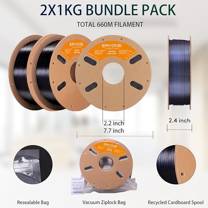 ERYONE Silk Dual Color PLA Filament 3D Printer 1.75mm +/- 0.03mm, Bicolor Filament Two Tone PLA Bundle 2KG Cardboard Spool, Blue Black - Image 6