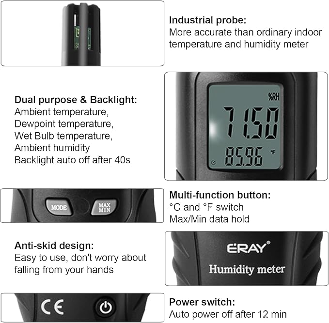 ERAY Digital Psychrometer Thermometer Hygrometer with Backlight, Temperature and Humidity Reader Meter Thermo-Hygrometer with Dew Point and Wet Bulb Temperature, 9V Battery Included(Black) - Image 5