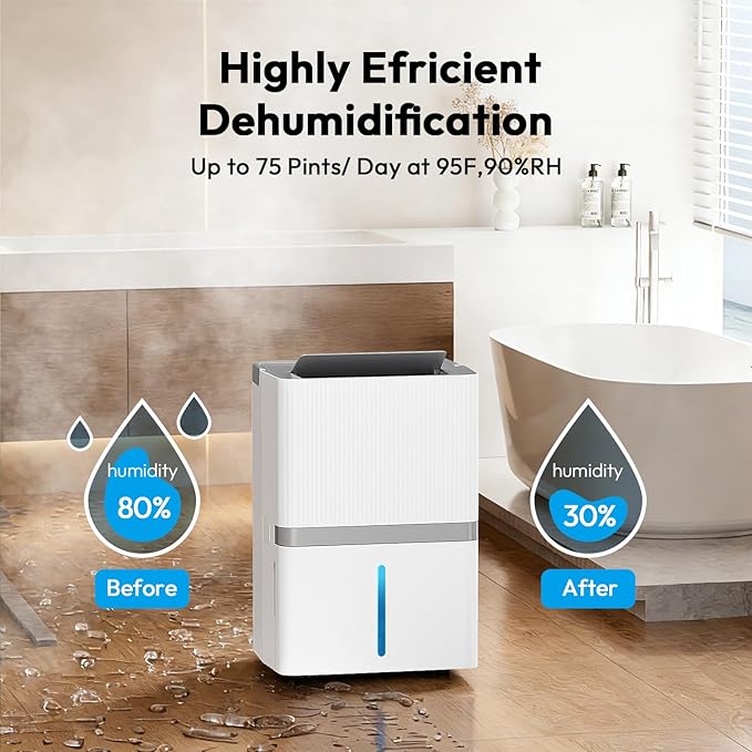 5000 Sq.Ft Dehumidifier for Basement and Home, 75 Pints Most Efficient Energy Star 2025 Dehumidifier with Drain Hose, Smart Humidity Control, 24H-Timer, for Bedroom, Bathroom, Large Room - Image 2