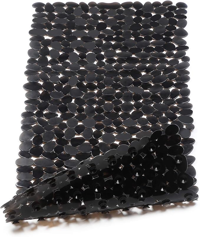 WELTRXE Non Slip Bathtub Mat 35 x 16 Inches Pebbles Shower Mats with Suction Cups, Drain Holes for Bathroom Showers, Tub, Machine Washable Bathroom Mats BPA, Latex Free Safe Tub Mats - Black by WELTRXE