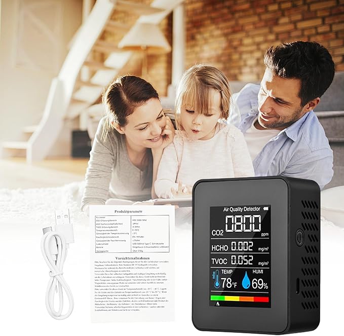 Prefessionall Indoor Air Quality Monitor, 5 in 1 Portable Smartair Quality Tester for CO2 | TVOC | HCHO | Temp | Hum for Home Cars Plants and Pets So On (Black) - Image 9