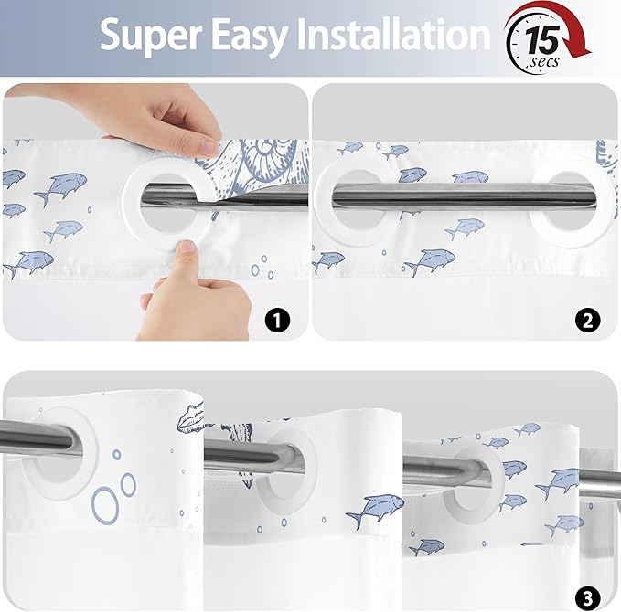 No Hook Shower Curtain with Snap in Liner, Beach Ocean Nautical Coastal Shower Curtains and Liner Set for Bathroom, Seashell Hotel Fabric Bath Curtain, Waterproof Washable, Grey 71" x 74" - Image 5