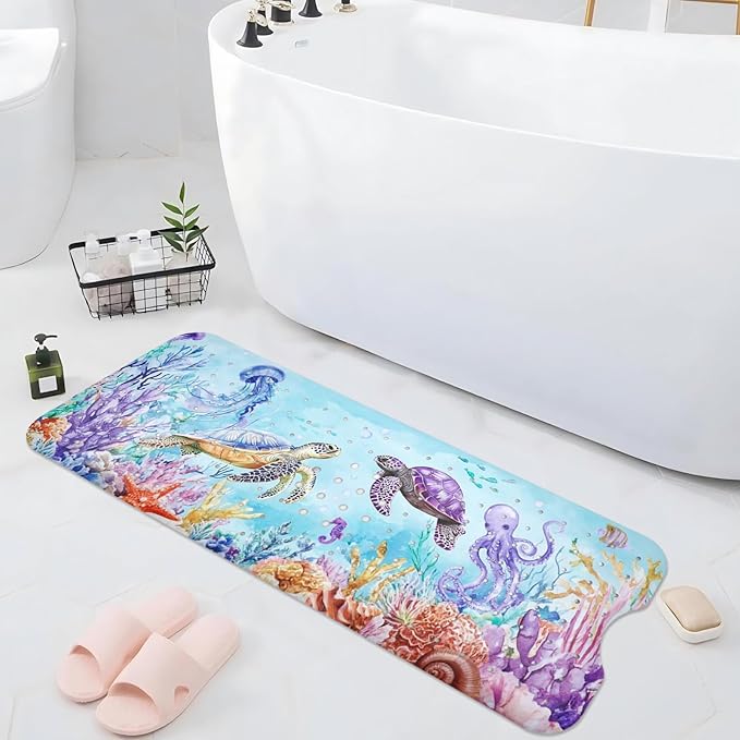 Ocean Animals Bathtub Mat Non Slip, Sea Turtle Baby Bath Mat for Tub Rubber Tub Mat, Cute Toddler Kids Bath Mats for Bathroom Anti Slip Shower Mat with Suction and Drain Holes Machine Washable,40″x16″ - Image 7