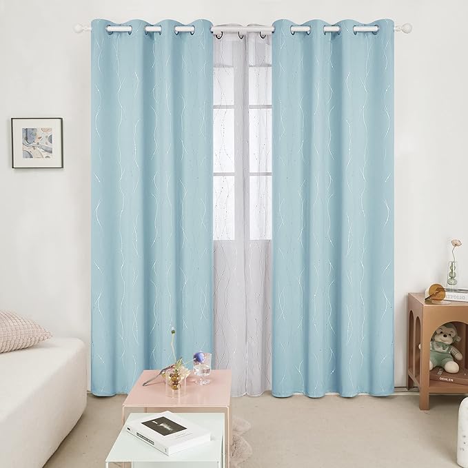 Deconovo Blackout Curtains, Thermal Insulated Soundproof Grommet Drapes, Wave Dot Foil Print, 52 x 95 Inch, Set of 2, Machine Washable Window Panel for Bedroom Living Room Nursery Kitchen, Light Blue - Image 2