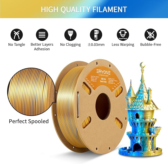 ERYONE Silk Dual Color PLA Filament 3D Printer 1.75mm +/- 0.03mm, Bicolor Filament Two Tone PLA 1KG(2.2lbs) Cardboard Spool, Gold Blue - Image 5