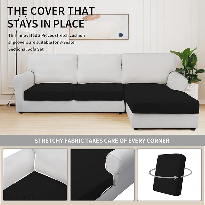 Easy-Going Stretch 3 Pieces Couch Cushion Covers for Sectional Sofa Left/Right L Shape Chaise Lounge Sofa Seat slipcover Anti-Slip Sofa Cover Soft (2 Seater + 1 Chaise, Black) - Image 5