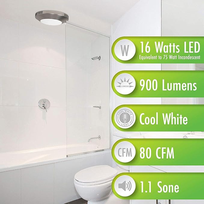 Homewerks 7117-01-BN Bathroom Integrated LED Light Ceiling Mount Exhaust Ventilation 1.1 Sones 80 CFM, Bath Fan Brushed Nickel - Image 6
