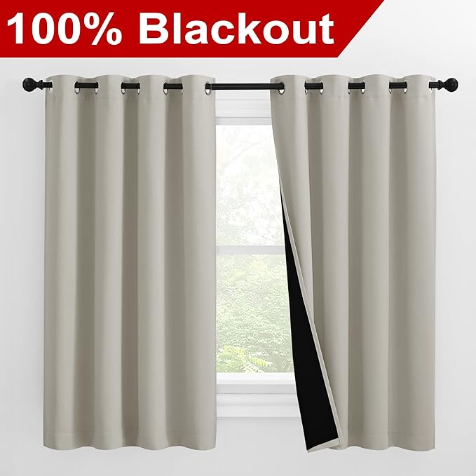NICETOWN 100% Blackout Curtains 57 inches Long, Double-Deck Completely Blackout Window Treatment Thermal Insulated Lined Drapes for Small Window (Natural, 1 Pair, 55 inches Width Each Panel) - Image 2