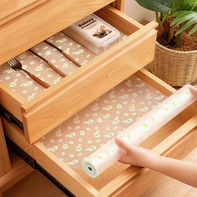 FEXIA Shelf Liner 12 Inch x 20 FT Daisy Non Slip Waterproof Cabinet and Drawer Liner for Kitchen Cabinet Refrigerator Pantry Closet Durable Non Adhesive - Image 8