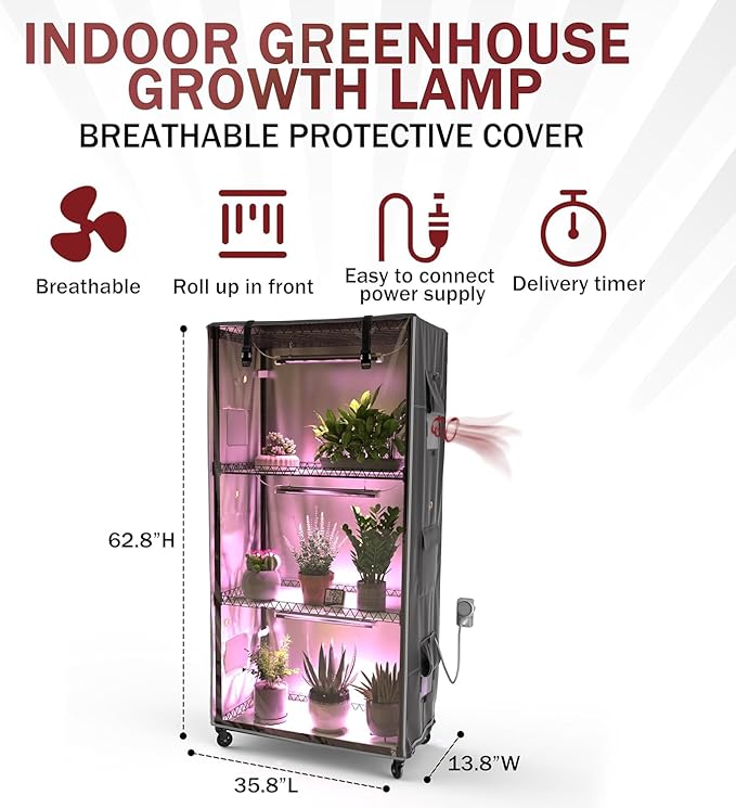 Indoor Greenhouse with Clear Cover – 4-Tier Portable Plant Stand with 3 T8 Grow Lights, Timer, Thermometer, Ventilation, Seed Starter for Herbs, Seedlings, Flowers (35.8"x13.8"x62.8") - Image 2