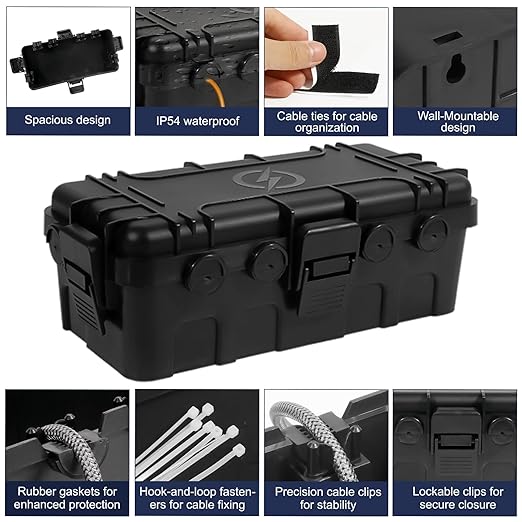 Medium Outdoor Electrical Box (11.6x5.2x4.1 inch), IP54 Waterproof Extension Cord Cover w/ 6 Cable Entry, Weatherproof Connection Box for Power Strip, Plug, Timer, Holiday Lights, Black - Image 6