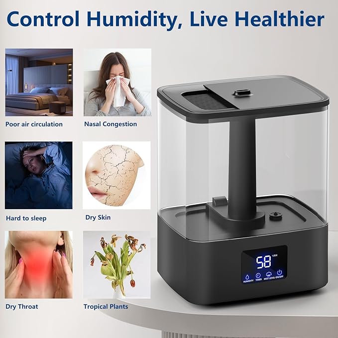 KZF 4L Top Fill Humidifiers for Bedroom & 60H Runtime - Cool Mist Humidifier, 3 Mist Levels, 8H Timer, Essential Oil Tray, Humidity Display, Quiet for Bedroom, Baby, Plants, Large Room (Black, 6L) - Image 2