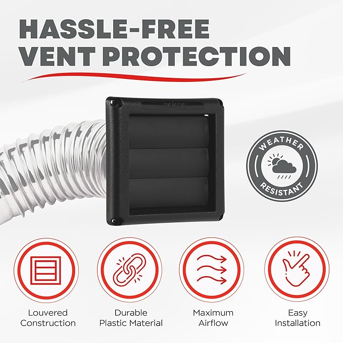 Deflecto Supurr-Vent 4” Outdoor Dryer Vent Cover Black Louvered Wall Hood with Gravity Damper for Backdraft Prevention, Fits Standard 4” Dryer Exhaust Pipe, Weather & UV-Resistant, Durable 6"x6" Face - Image 2