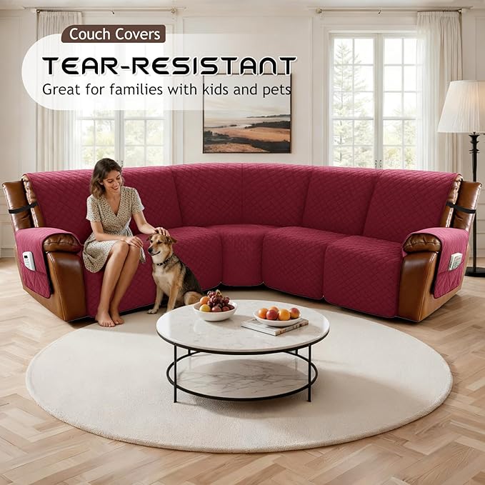 Arfntevss Waterproof Recliner Sectional Couch Covers for Reclining Sectional L Shape Sofa Cover Non Slip Washable Recliner L Shaped Slipcover Sets for Dog Furniture Protector (5 Seater, Wine Red) - Image 7