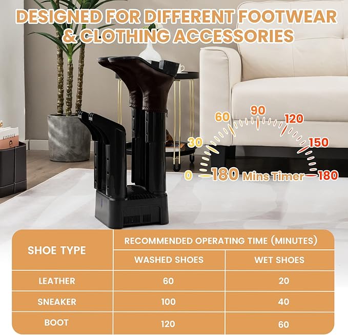 COSTWAY Shoe Dryer, 180 Mins Timer, CETL Standard Noiseless Boot Warmer with Heat Blower for Snow Boot Sneaker Glove Hats, with Detachable Pipes - Image 3
