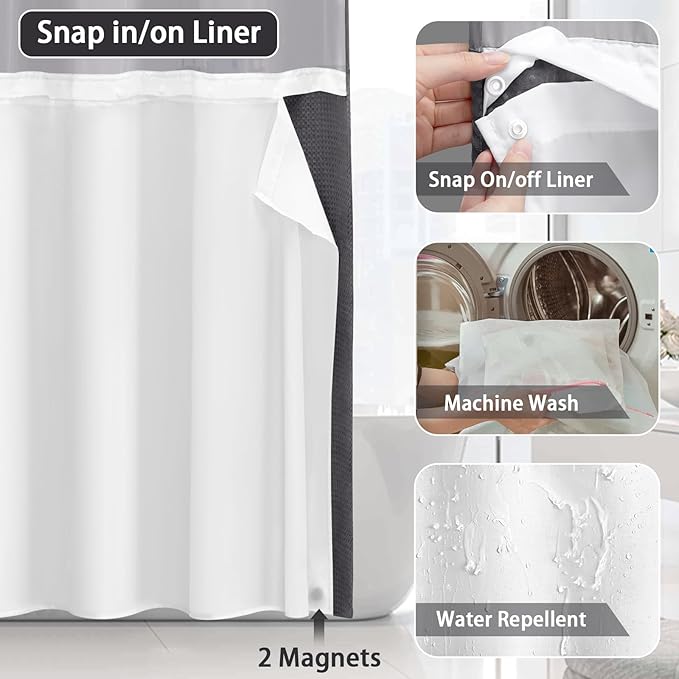 No Hook Shower Curtain and Liner Set,Dark Grey Hotel Waffle Shower Curtain with Liner 81" L x 72" W - Image 4