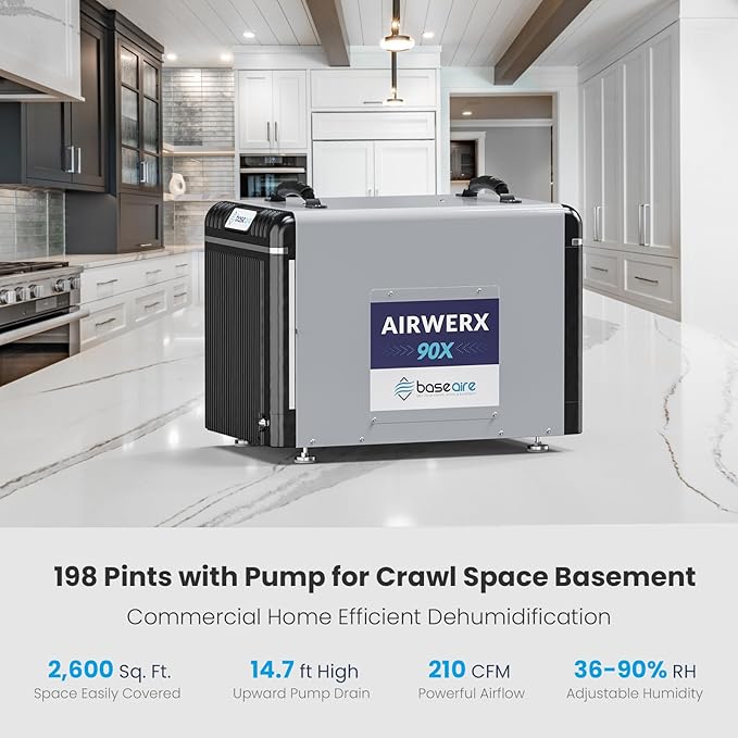 BaseAire 198 Pints Dehumidifier with Pump for Crawl Space, Basement, Portable AirWerx90X Commercial Dehumidifier for Whole Home, Intelligent Humidity Control, Auto Shut off Restart - Image 3
