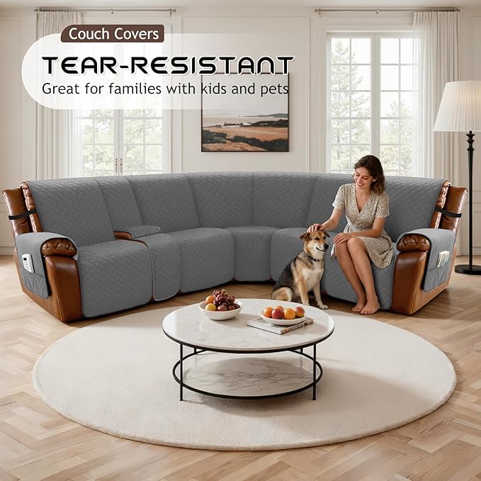 Arfntevss Waterproof Recliner Sectional Couch Covers for Reclining L Shape Sofa Cover Non Slip Washable L Shaped Slipcover Sets for Dog Furniture Protector (5 Seat with 1 Console Cover, Dark Gray) - Image 7