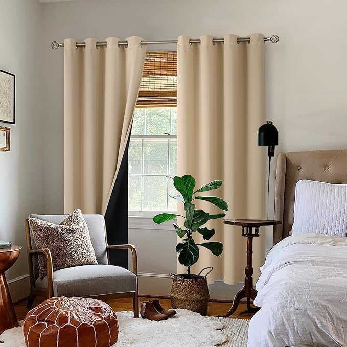 BGment Thermal Insulated 100% Blackout Curtains for Bedroom with Black Liner, Double Layer Full Room Darkening Noise Reducing Grommet Curtain (52 x 84 Inch, Beige, 2 Panels) - Image 2