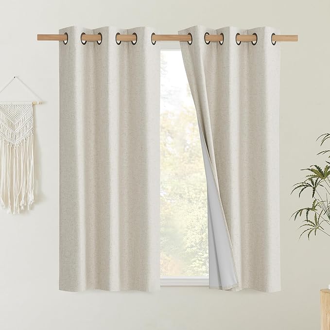 NICETOWN Natural Linen Curtains 45" Long with Noise Reducing for Small Window, 42" Wide, 2 PCs, Complete Blackout Drapes, Thermal Insulated & Noise Reducing Window Draperies with White Liner - Image 2