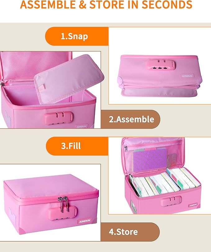 JUNDUN Index Card Holder with Lock,Collapsible Fireproof Index Card Box fits 1200 3x5-Inch Flash Cards - Business, Recipe, or Note Card Storage Boxes - Pink - Image 6