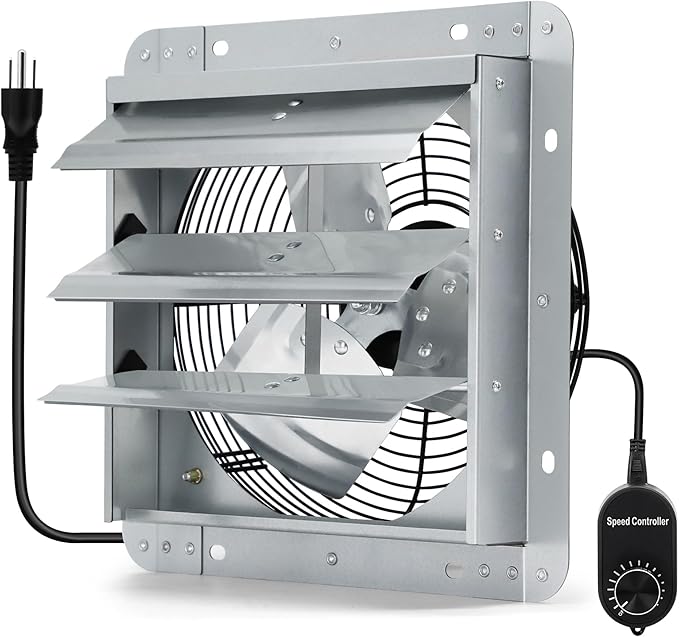 12 Inch Shutter Exhaust Fan with Speed Controller and Power Cord, Wall Mount Attic Fan for Greenhouses, Sheds, Garages, Chicken Coops, Barns Ventilation, 970 CFM by Hipoilk