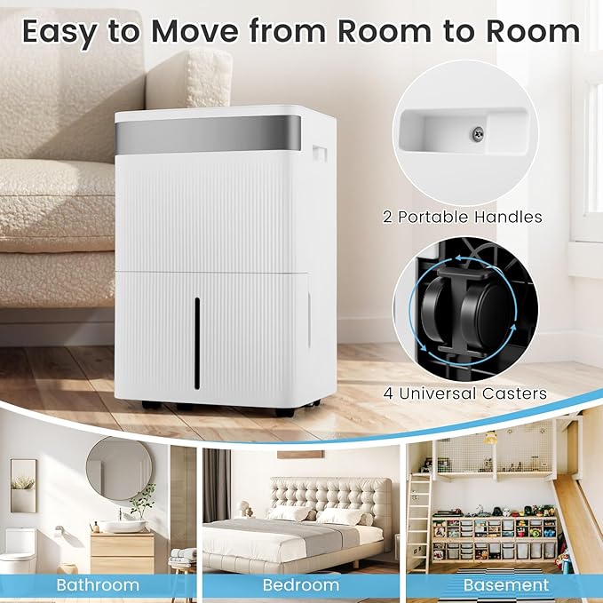 COSTWAY 4500 Sq.Ft Dehumidifier for Basement, Home Dehumidifier with Convenient Handle, 1.4 Gallon Tank, Auto Defrost, 24H Timer, 3-Color Indicator, Drain Hose & Wheels for Bathroom, Bedroom (74 pint) - Image 8