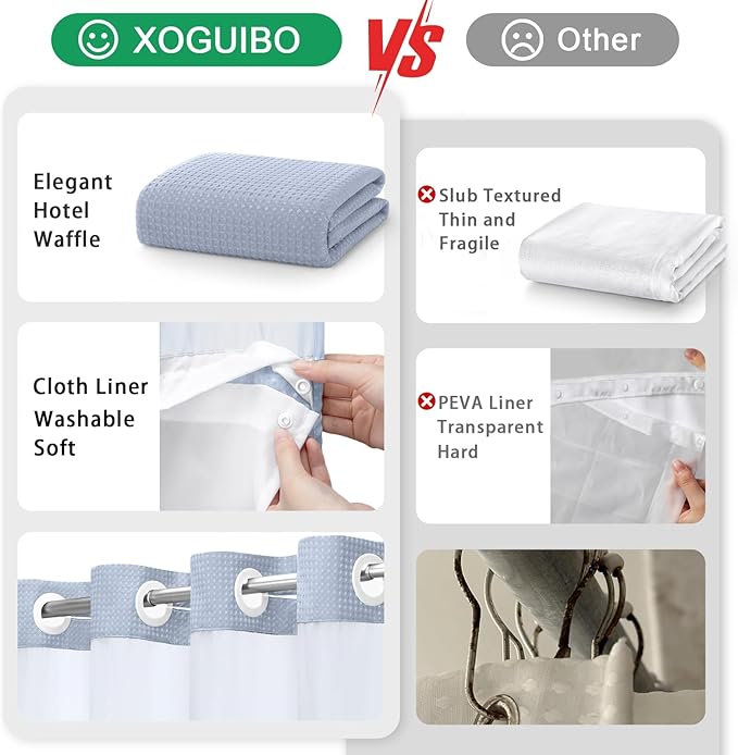 No Hook Shower Curtain and Liner Set,Mist Blue Hotel Waffle Shower Curtain with Liner 75" L x 72" W - Image 5