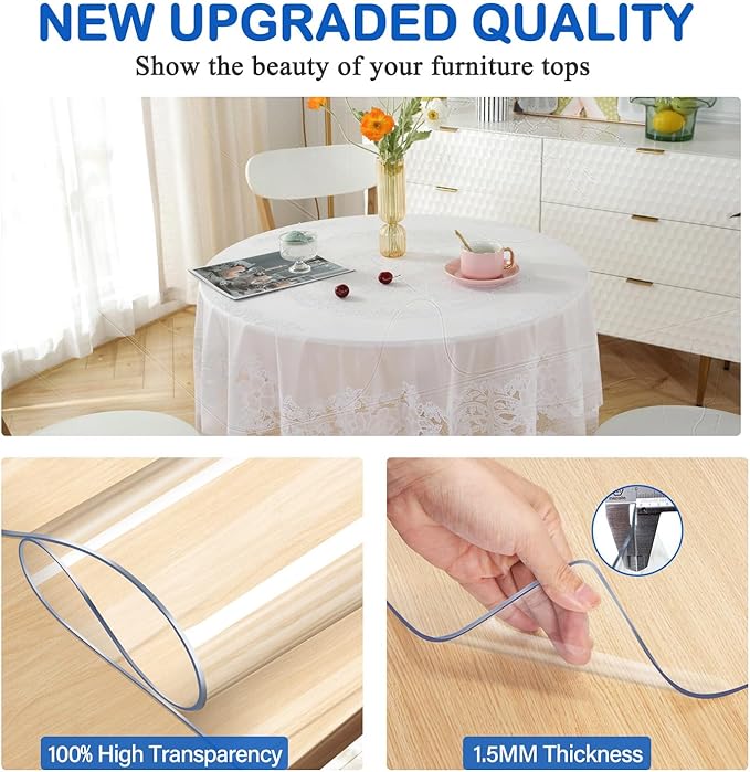 1.5mm Thick 58 Inch Dia Crystal Clear Round Table Top Protector Plastic Cover Circle Tablecloth for Coffee Dining Conference Tabletop Wipeable Protective Office Desk Side Beside Vinyl Table Pad Mat - Image 2