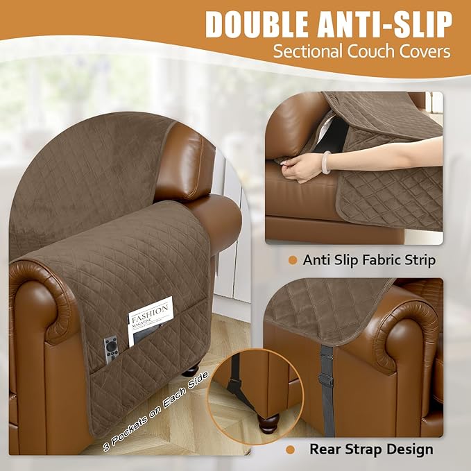 Arfntevss Waterproof Sectional Couch Covers L Shape Washable Velvet Sofa Cover for Sectional Non Slip Large Corner Slipcovers Dog 6 Pcs Universal U Shaped Furniture Protector (Light Brown, X-Large) - Image 4