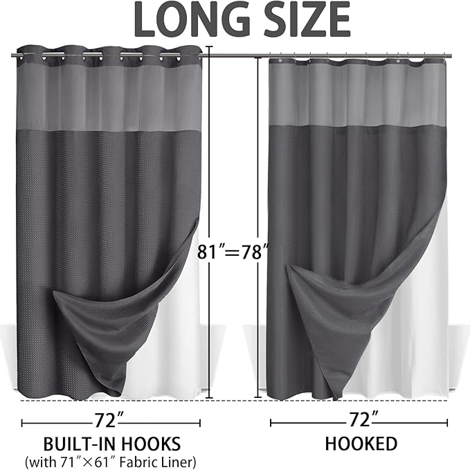 No Hook Shower Curtain and Liner Set,Dark Grey Hotel Waffle Shower Curtain with Liner 81" L x 72" W - Image 6