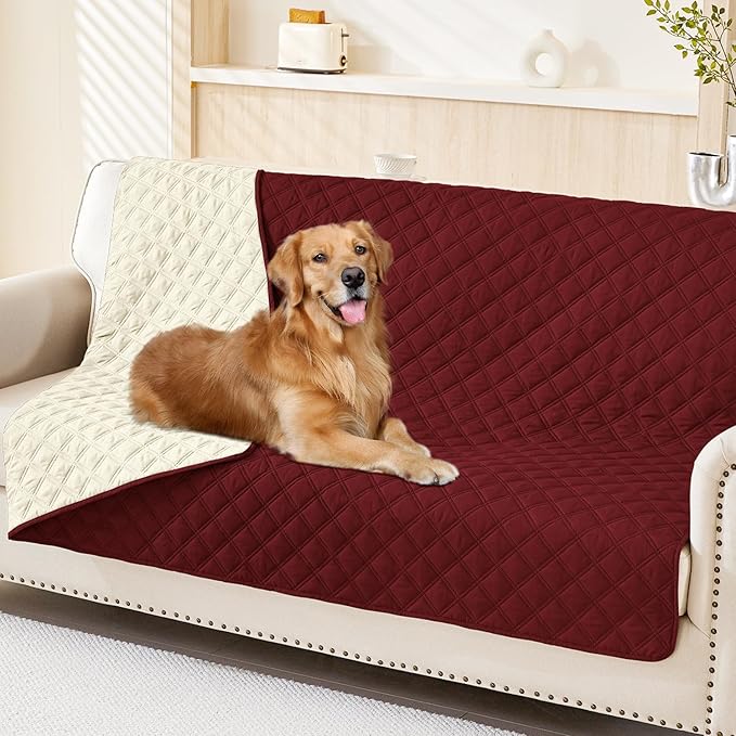 Smiry Waterproof Dog Bed Cover Pet Blanket, Soft Washable Dog Blanket for Furniture Bed Couch Sofa Reversible, Checkered (68"x82", Wine Red/Beige) by Smiry