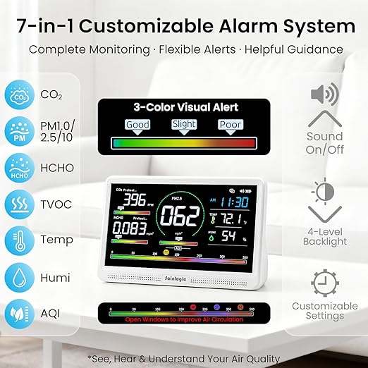 Sainlogic 16 in 1 Professional Air Quality Monitor Indoor with 7.2" Display & 3-Color 7 AQI Alerts,CO2 Monitor Air Quality Tester for CO2,HCHO,TVOC,PM2.5 PM1.0 PM10,Humidity,Temp & Time Meter for Home - Image 5