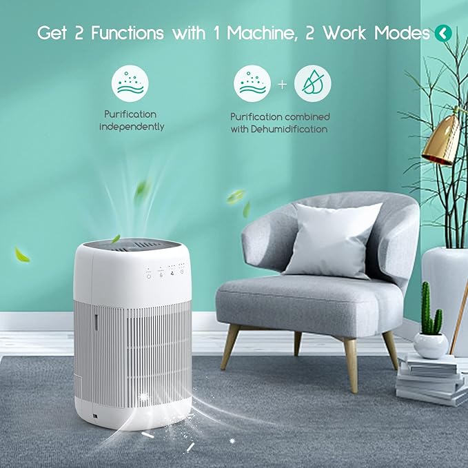 Afloia Air Purifier and Dehumidifier in 1, Air Purifier with Efficient Filter, Small Dehumidifier Combined with Air Cleaner, Remove Pet Odors Dust Smoke for Home, Bedroom, Bathroom - Image 3
